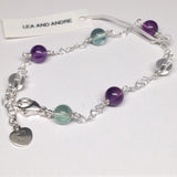 CLASSIC 7-Stone Amethyst/Green Fluorite/Clear Rock Crystal Interlocking Heart Bracelet